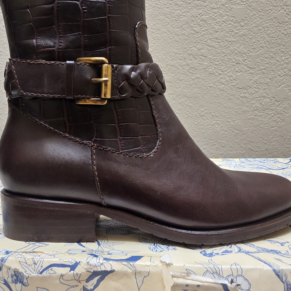 Croco-Embossed Over-the-Knee Riding Boot - Dark Brown - Picture 7 of 15